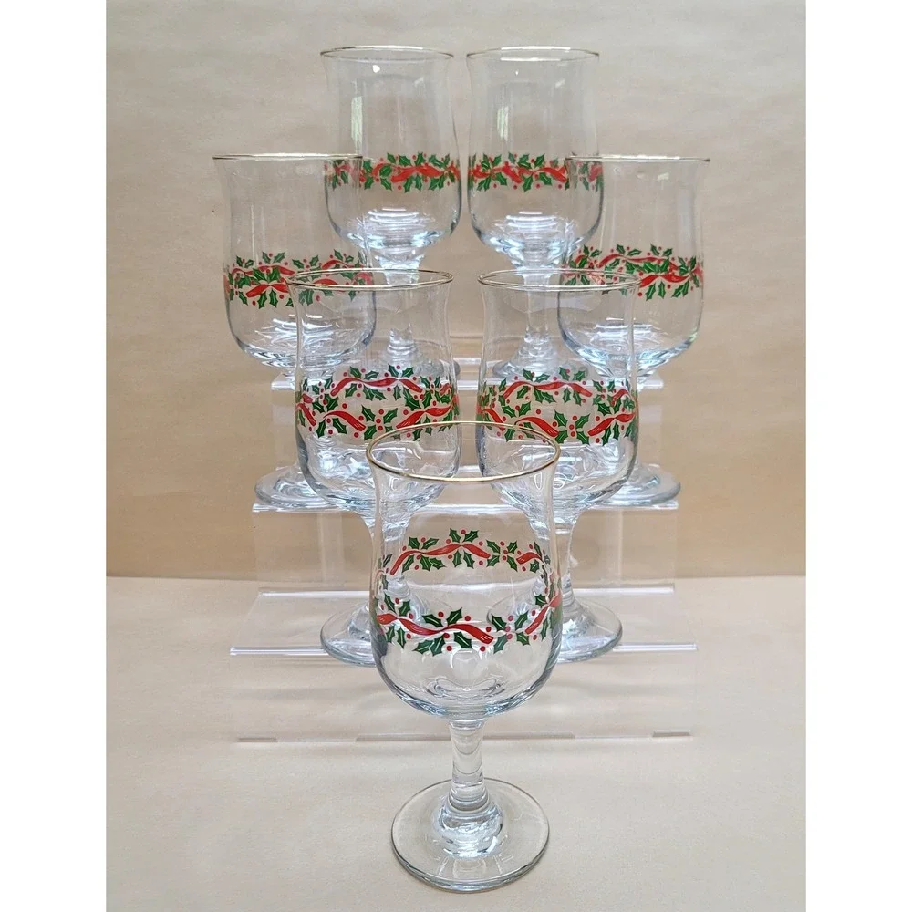 Libbey Christmas Holl/Berry Red Ribbon Gold Rim 7